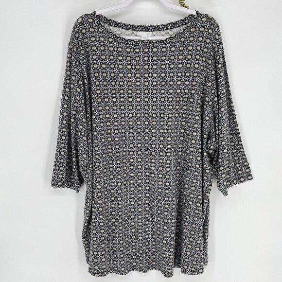 J Jill Size Top 4X 3/4 Sleeve Shirt Micro Flowers Pina Cotton Blend Relaxed Fit - Picture 2 of 9